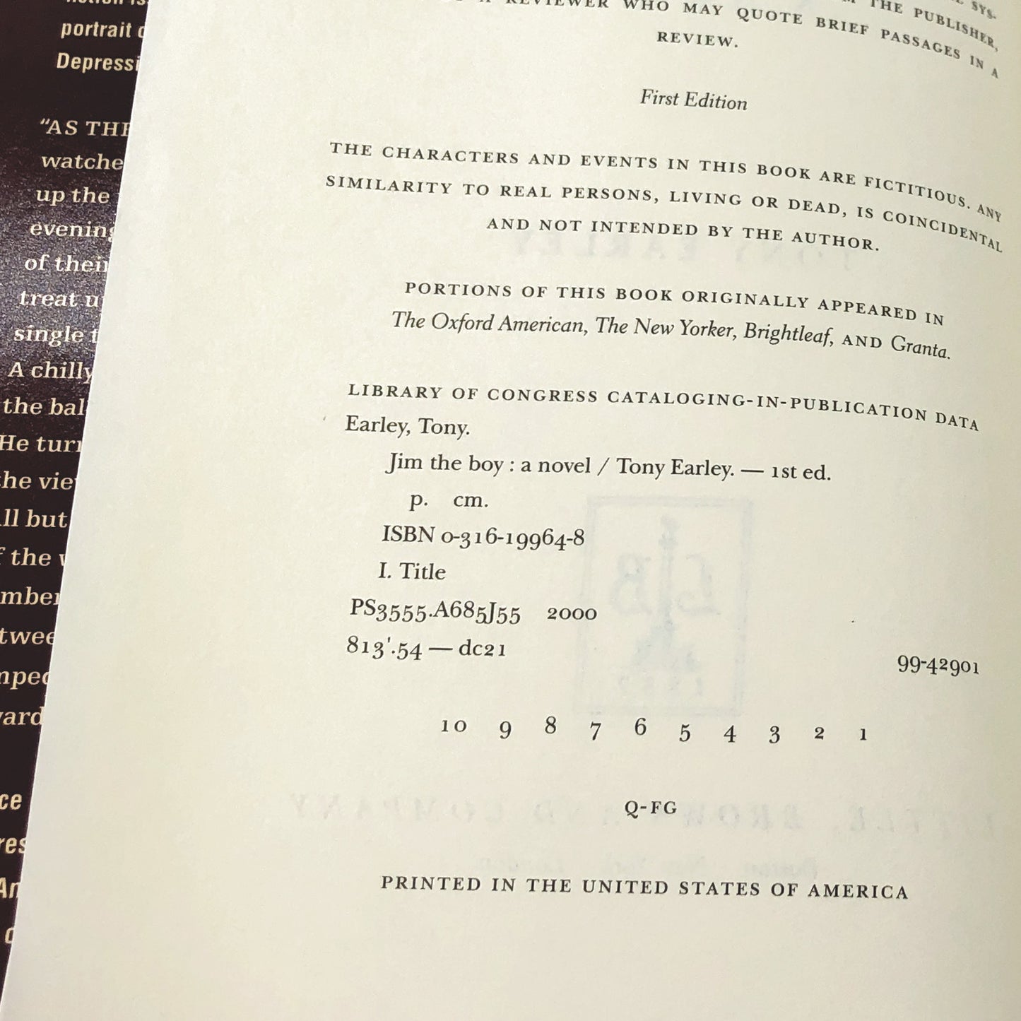 Jim the Boy by Tony Earley [FIRST BOOK CLUB EDITION] 2000 • Little Brown & Co.