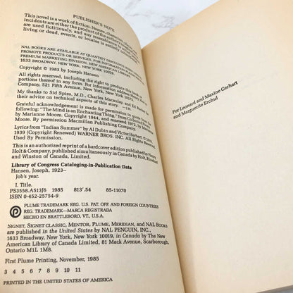 Job's Year by Joseph Hansen [FIRST PAPERBACK EDITION] 1985 • Plume