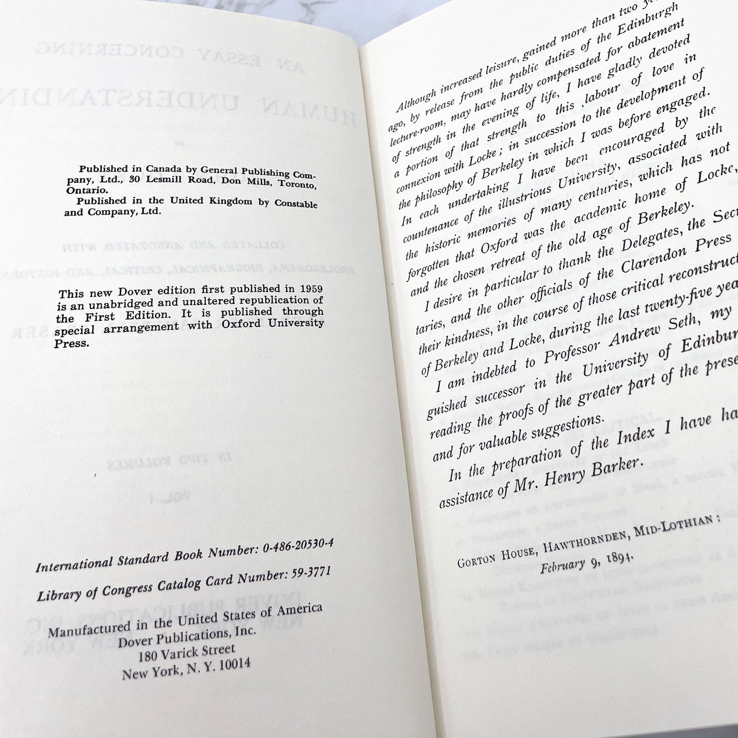 An Essay Concerning Human Understanding Vol. I by John Locke [TRADE PAPERBACK] 1959 • Dover
