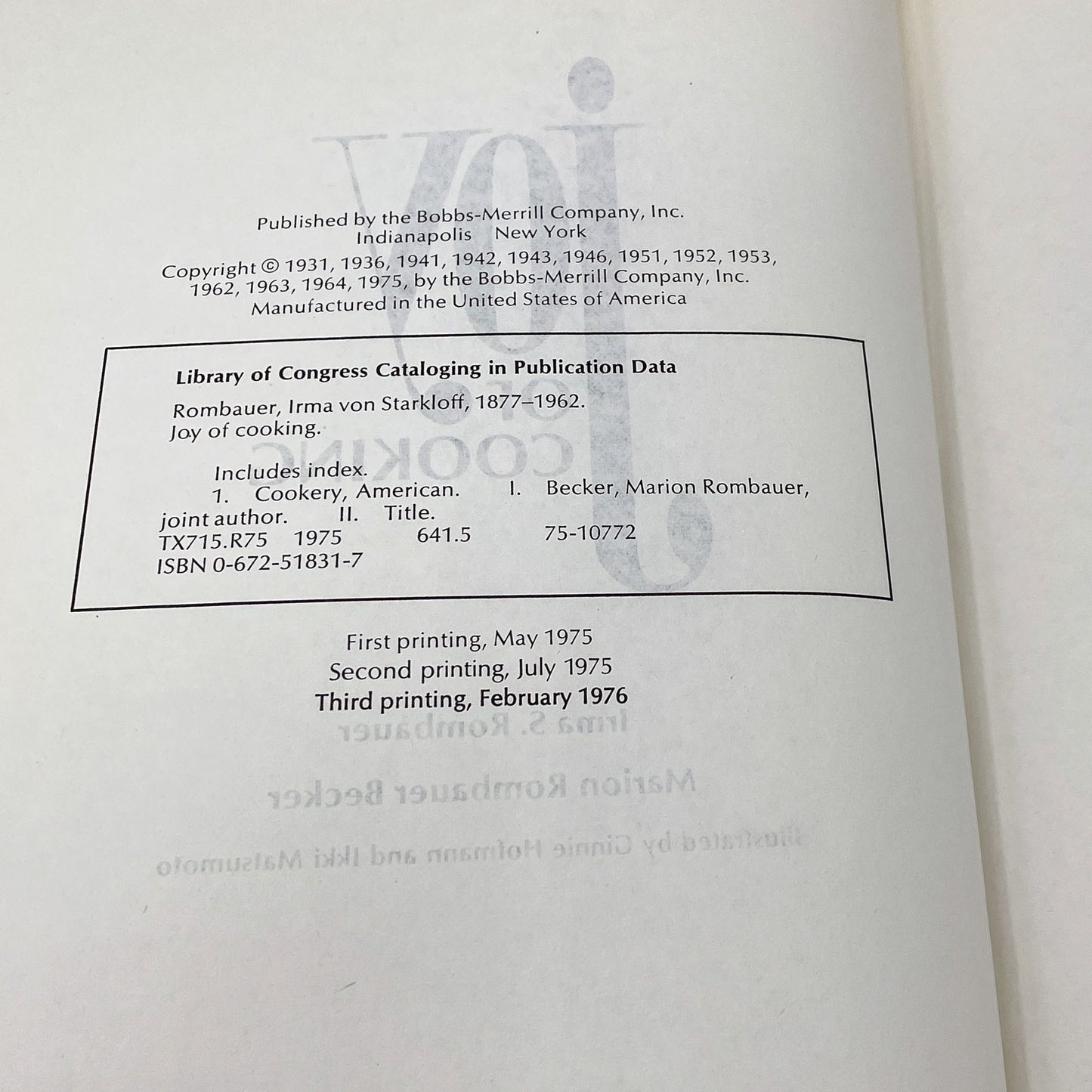 Joy of Cooking by Irma S. Rombauer [HARDCOVER RE-PRINT] 1976 • Bobs Merrill