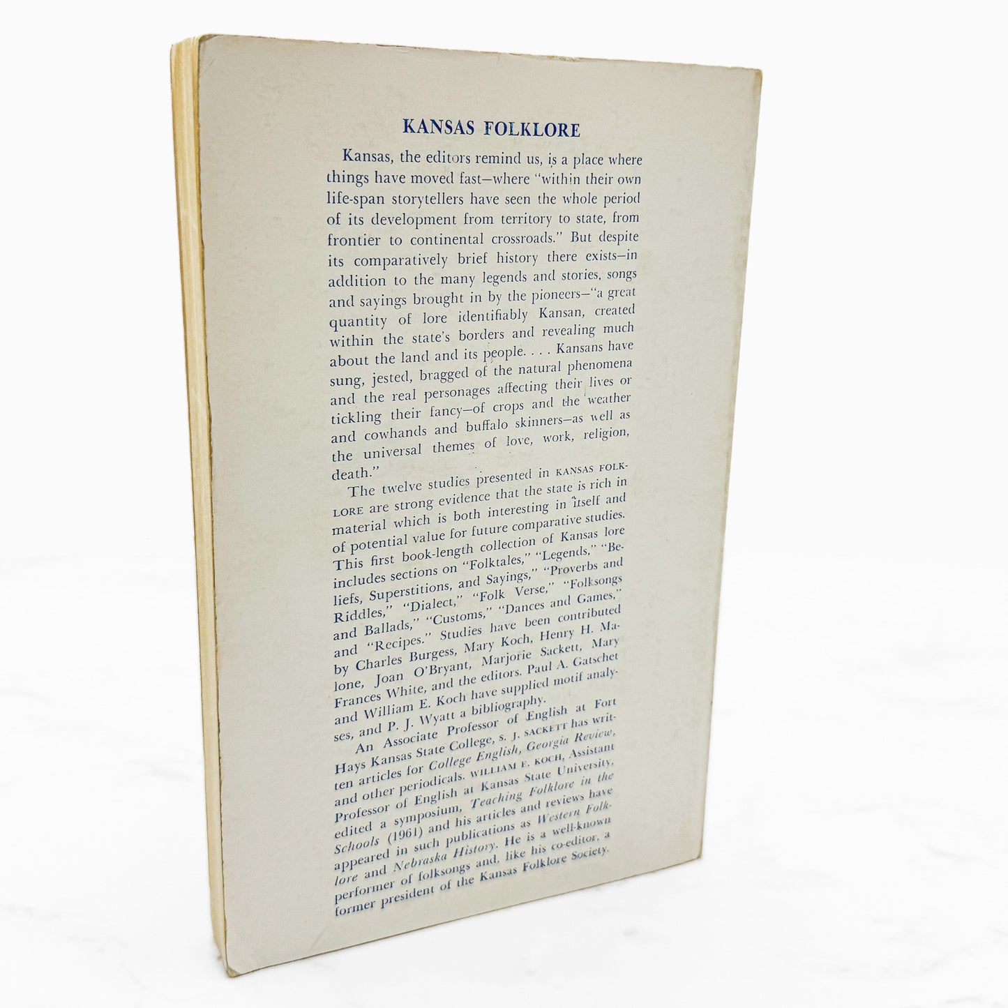 Kansas Folklore edited by S.J. Sackett & William E. Koch [FIRST EDITION PAPERBACK] 1973 • University of Nebraska