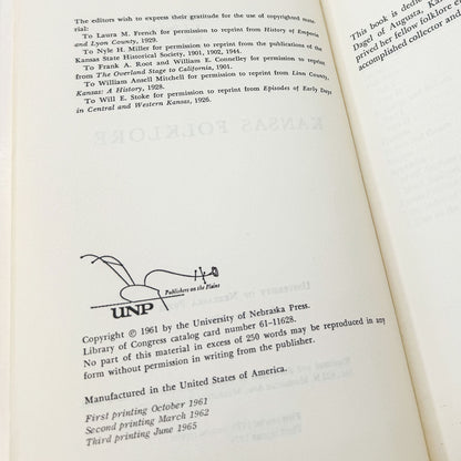 Kansas Folklore edited by S.J. Sackett & William E. Koch [FIRST EDITION PAPERBACK] 1973 • University of Nebraska