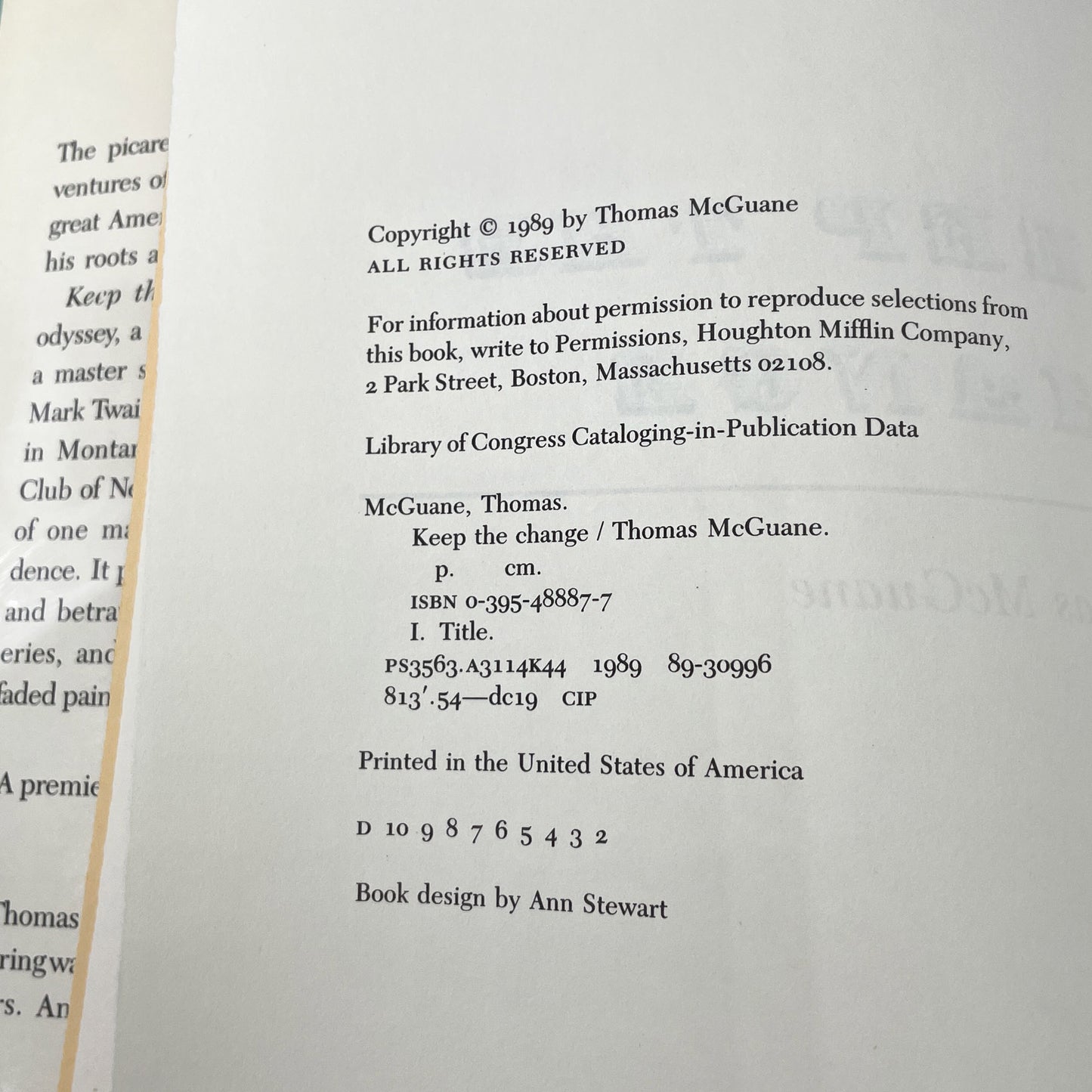 Keep the Change by Thomas McGuane [FIRST EDITION] 1989 • Houghton Mifflin