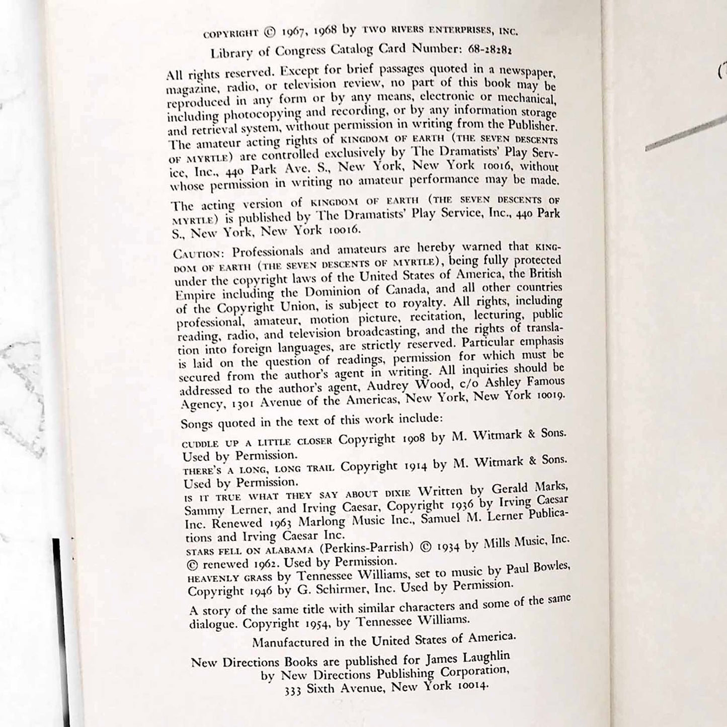 Kingdom of Earth by Tennessee Williams [FIRST EDITION] 1968 • New Directions