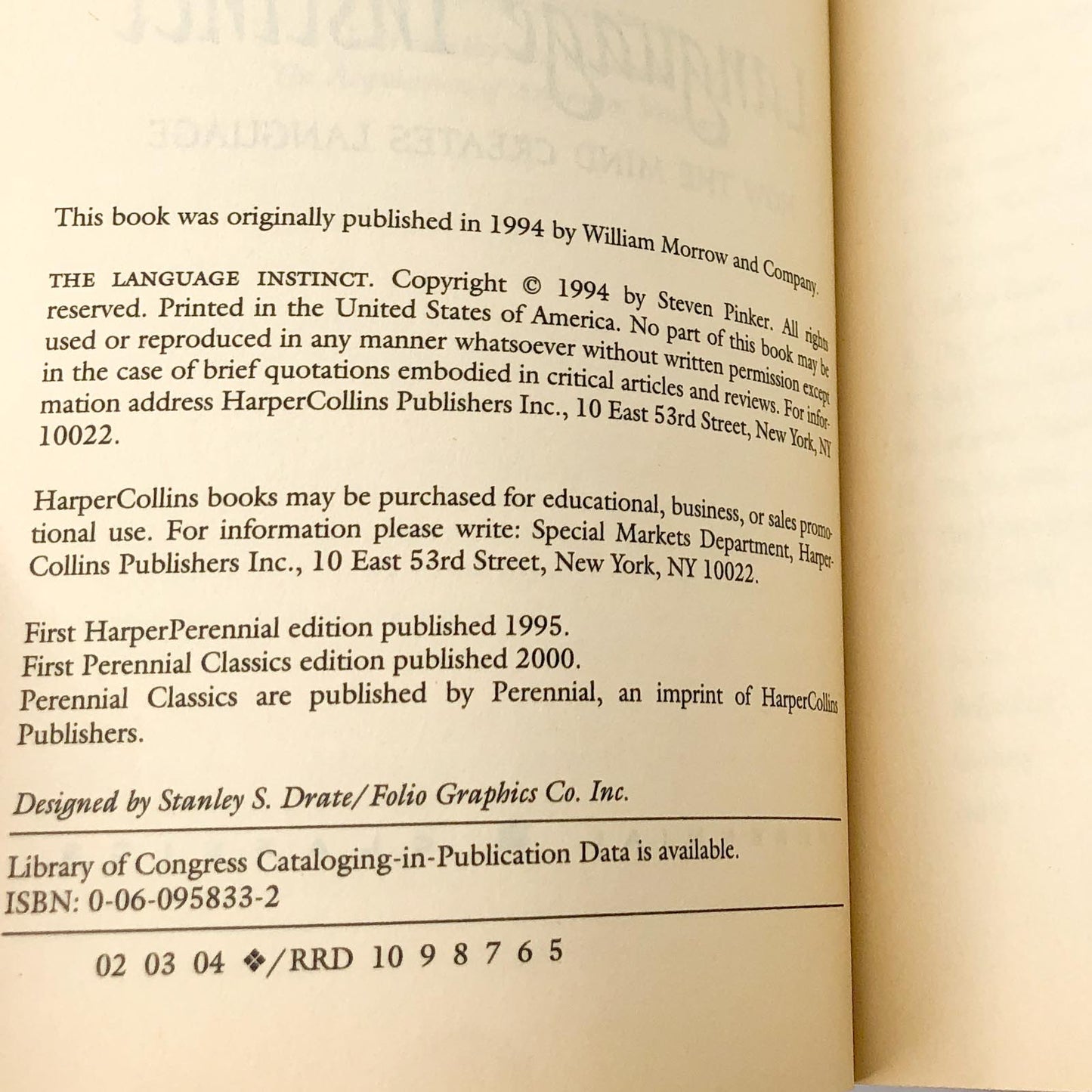 The Language Instinct: How the Mind Creates Language by Steven Pinker [TRADE PAPERBACK] 2000 • Perennial Classics