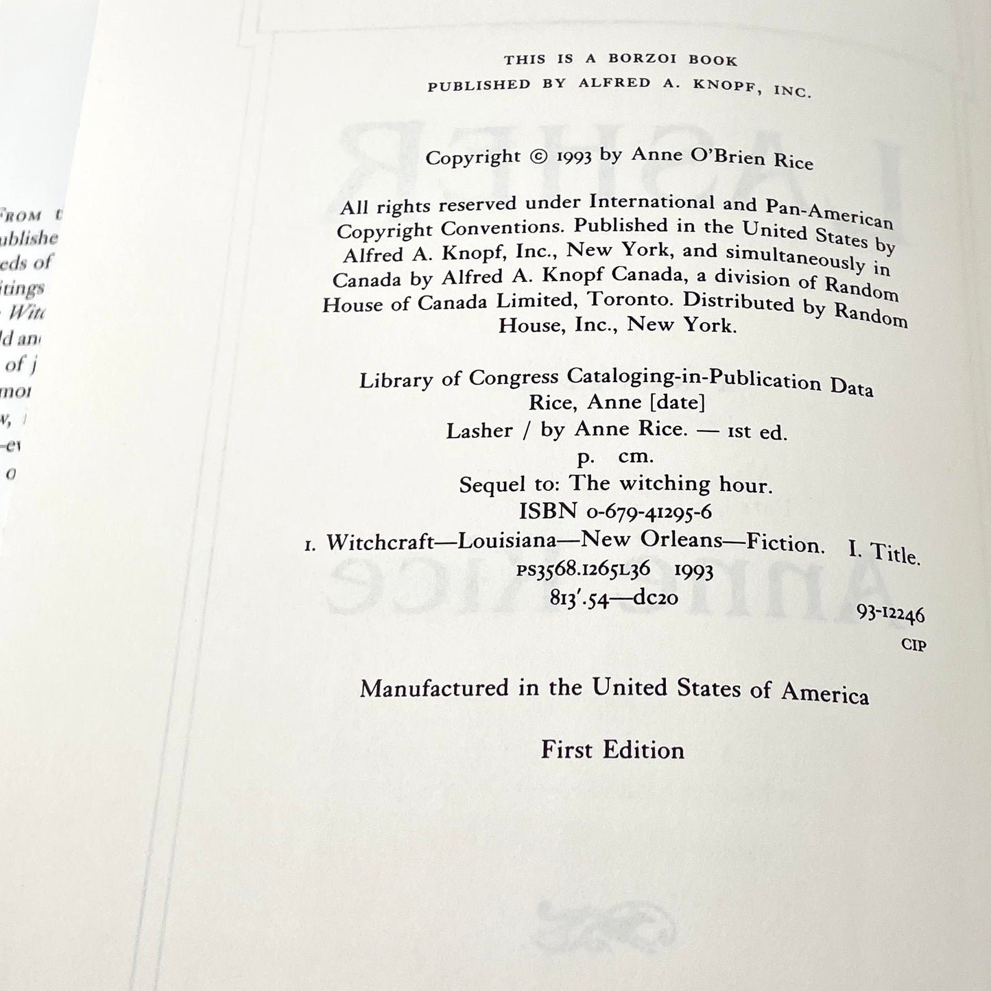 Lasher by Anne Rice [FIRST EDITION • FIRST PRINTING] 1993 • Knopf • Mayfair Witches #2