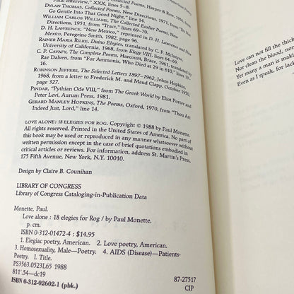 Love Alone: Eighteen Elegies for Rog by Paul Monette [FIRST PAPERBACK PRINTING] 1988