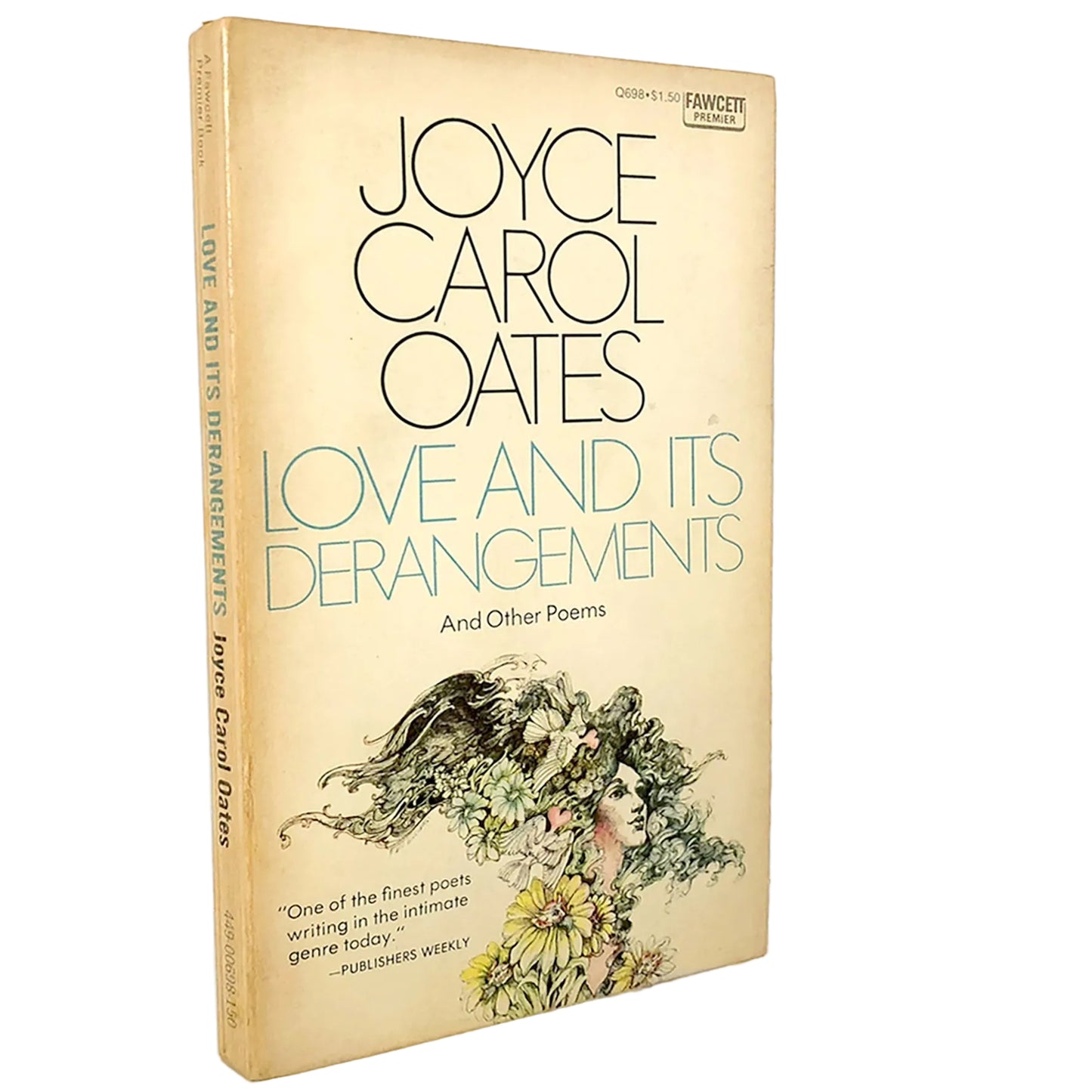 Vintage paperback book of Joyce Carol Oates' 'Love and Its Derangements' with a cream-colored cover and spine, standing on a white surface against a white wall.