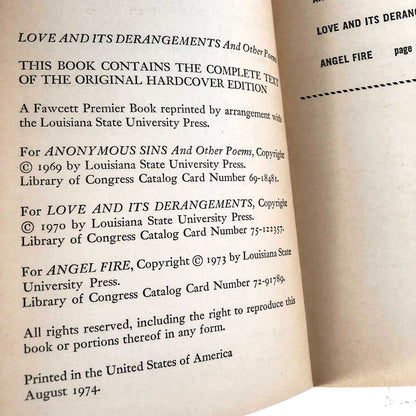 Love and its Derangements & Other Poems by Joyce Carol Oates [FIRST PAPERBACK PRINTING] 1974 • Fawcett