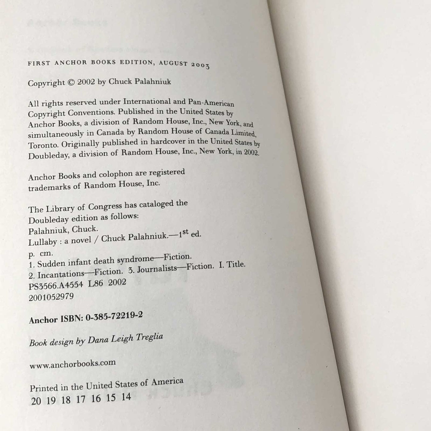 Lullaby by Chuck Palahniuk [FIRST PAPERBACK EDITION] 2003 • Anchor Books