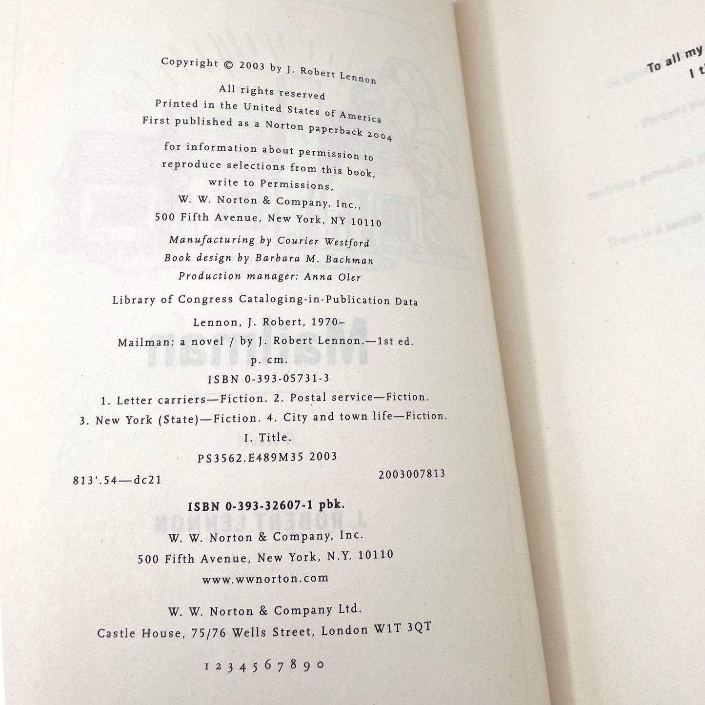 Mailman by J. Robert Lennon [FIRST PAPERBACK PRINTING] 2004 • Norton