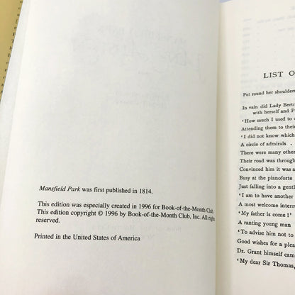 Mansfield Park by Jane Austen [1996 HARDCOVER] • Book of the Month Club