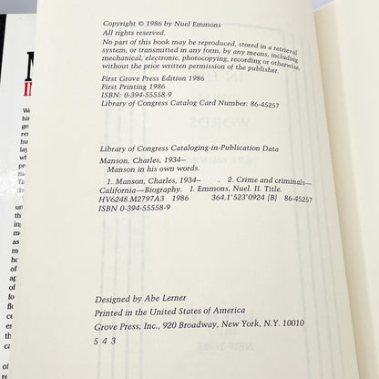 Manson in His Own Words by Charles Manson & Neul Emmons [FIRST EDITION] 1986 • Grove Press • Mint