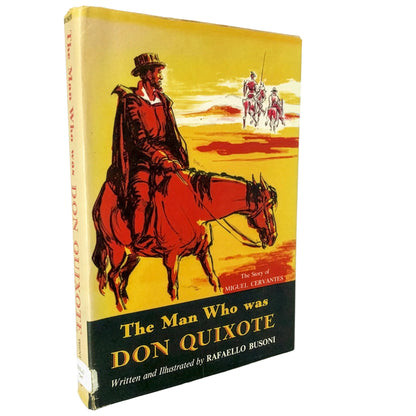 Vintage hardcover book titled "The Man Who Was Don Quixote" by Rafaello Busoni, featuring a yellow cover with an illustration of a man on a red horse and a black title band at the bottom.