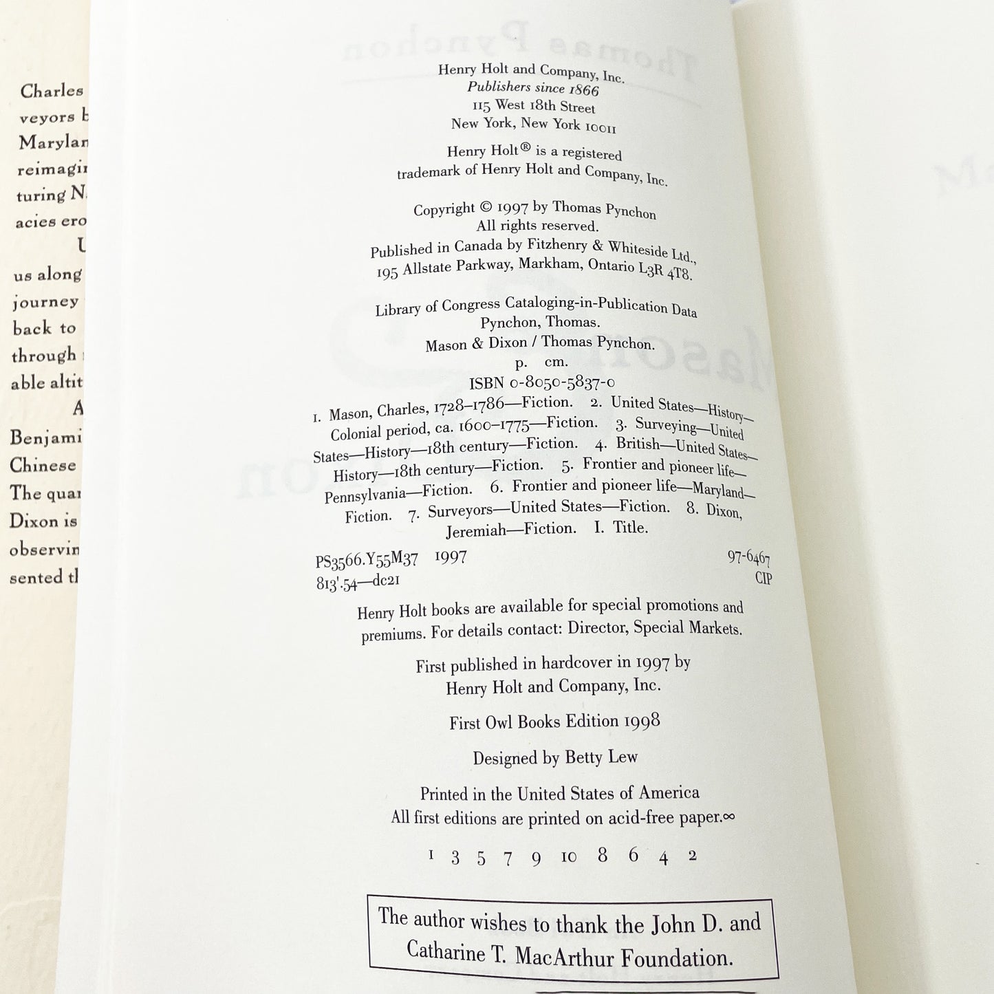 Mason & Dixon by Thomas Pynchon [FIRST PAPERBACK PRINTING] 1998 • Owl Books • Mint