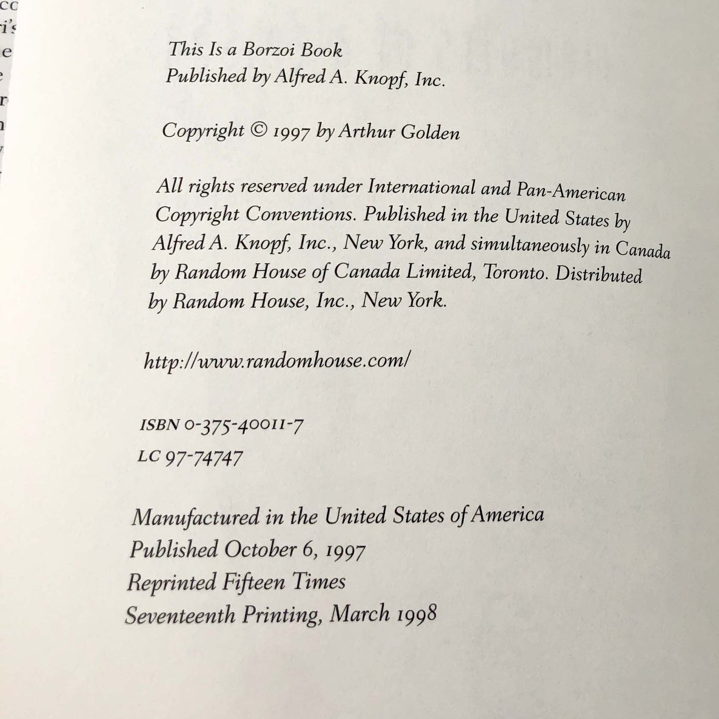 Memoirs of a Geisha by Arthur Golden [FIRST EDITION] 1997 • Knopf