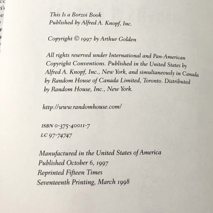 Memoirs of a Geisha by Arthur Golden [FIRST EDITION] 1997 • Knopf