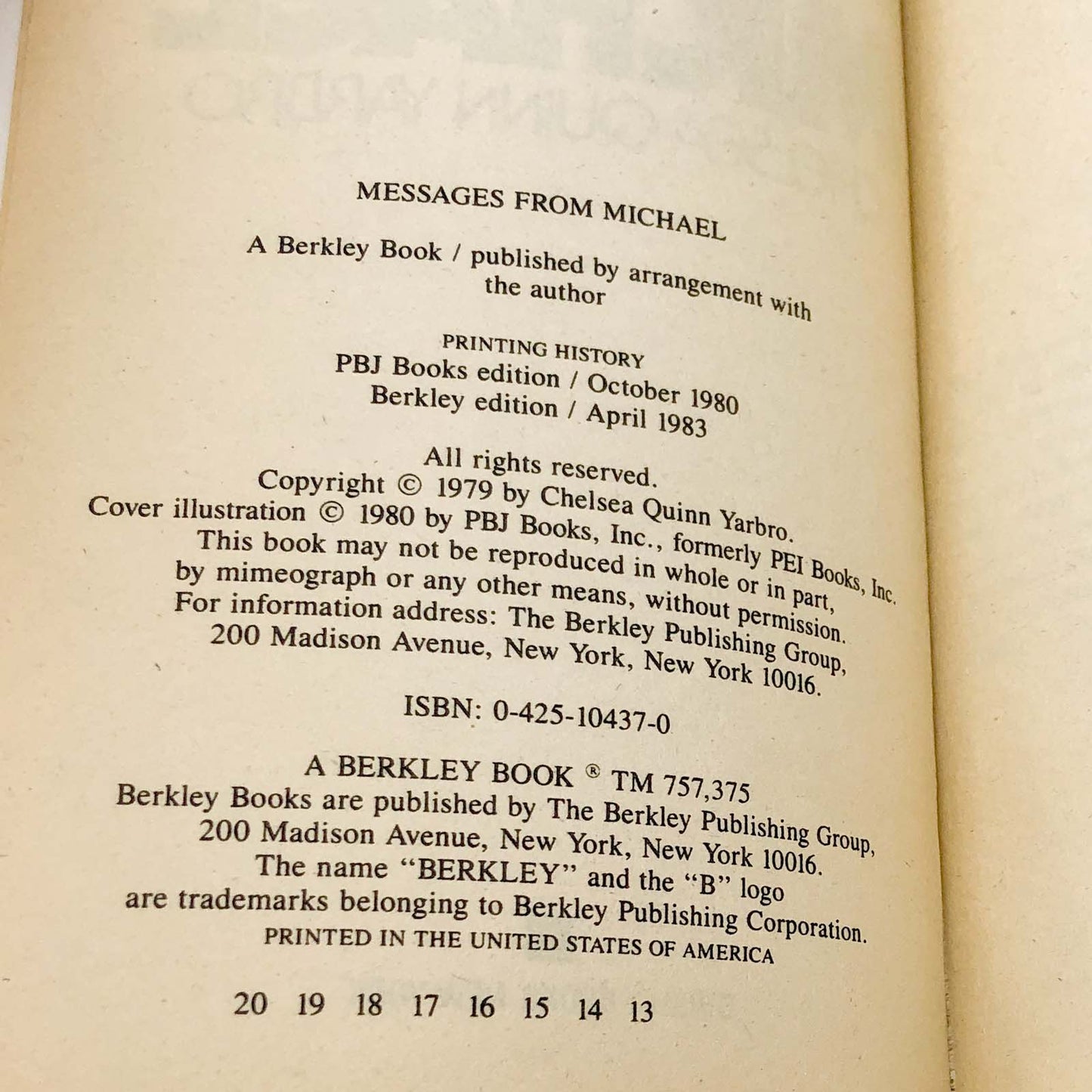 Messages From Michael by Chelsea Quinn Yarbro [FIRST PAPERBACK EDITION] 1983 • Berkley