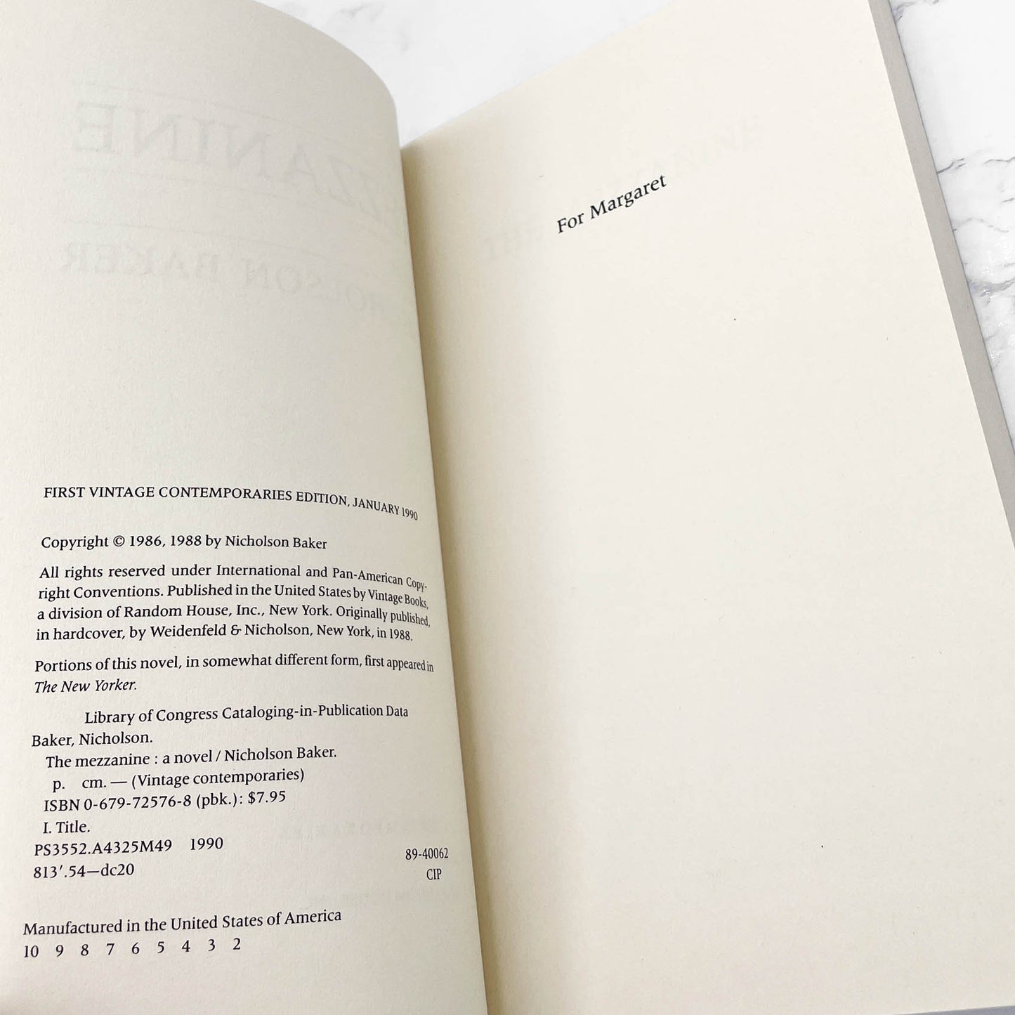 The Mezzanine by Nicholson Baker [TRADE PAPERBACK] 1990 • Vintage Contemporaries