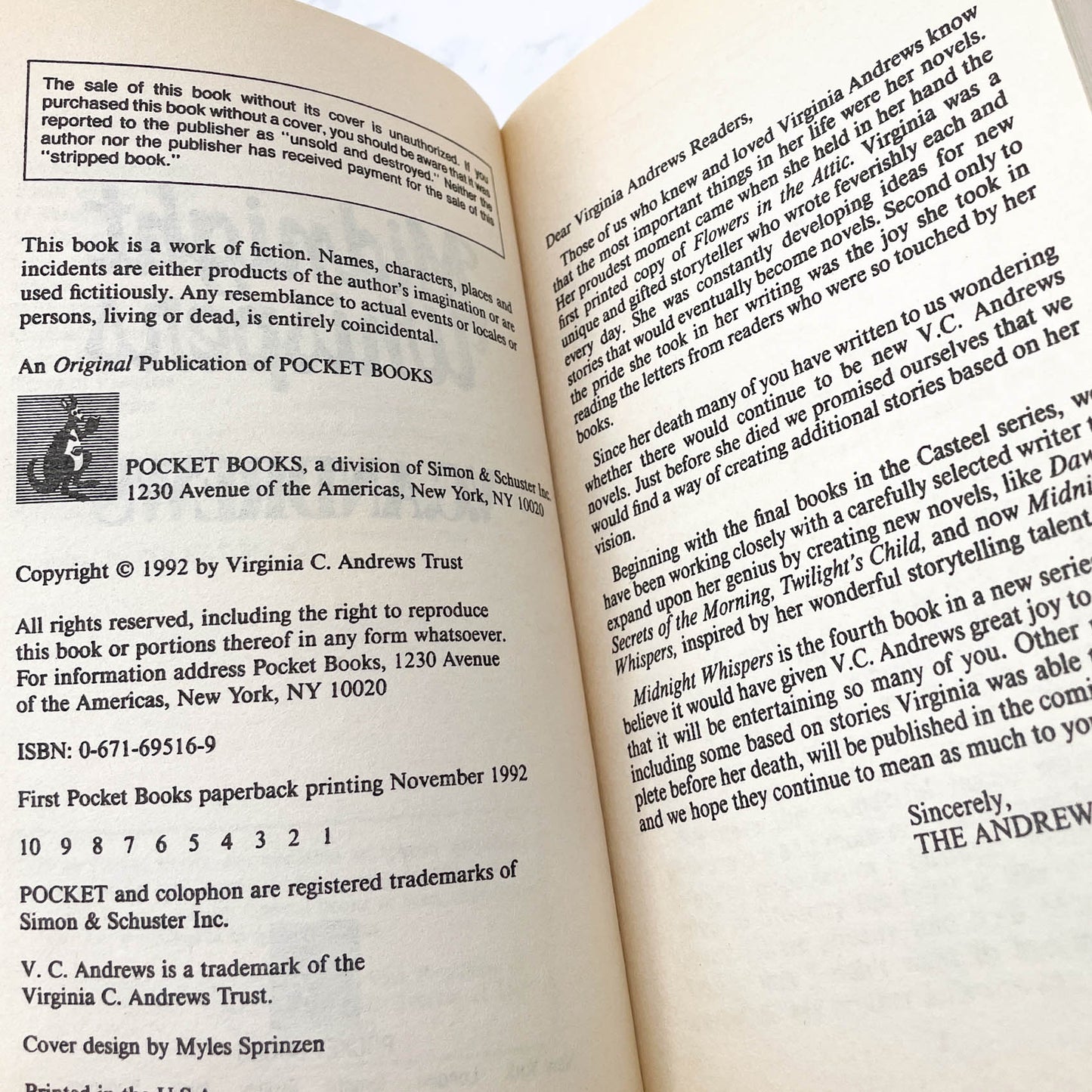 Midnight Whispers by V.C. Andrews [FIRST EDITION • FIRST PRINTING] 1992 • Pocket Books • Cutler #4