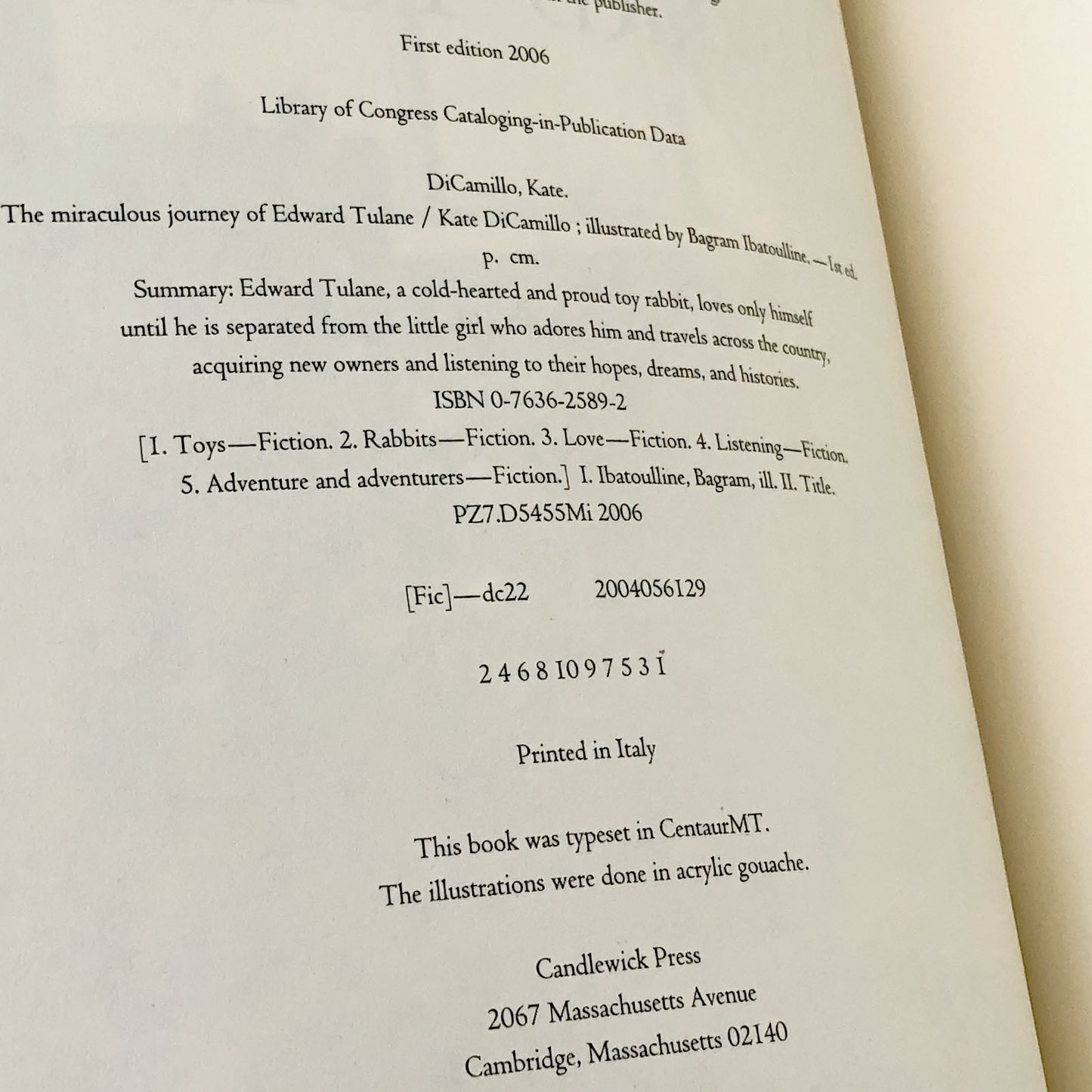 The Miraculous Journey of Edward Tulane by Kate DiCamillo [FIRST EDITION • FIRST PRINTING] 2006 • Candlewick Press