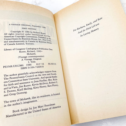 Mohawk by Richard Russo [FIRST EDITION • FIRST PRINTING] 1986 • Vintage Contemporaries