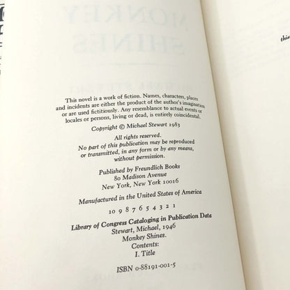 Monkey Shines by Michael Stewart [FIRST EDITION • FIRST PRINTING] 1983 • Freundlich Books
