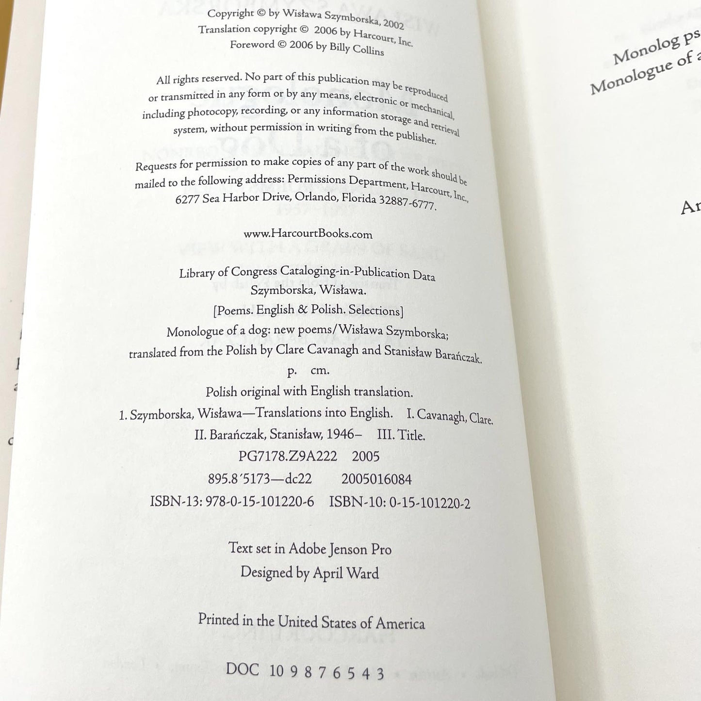 Monologue of a Dog: New Poems by Wisława Szymborska [U.S. FIRST EDITION] 2006