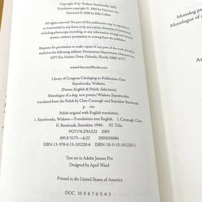 Monologue of a Dog: New Poems by Wisława Szymborska [U.S. FIRST EDITION] 2006