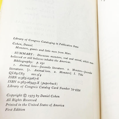 Monsters, Giants & Little Men from Mars: An Unnatural History of the Americas by Daniel Cohen [FIRST EDITION] 1975 • Doubleday *condition