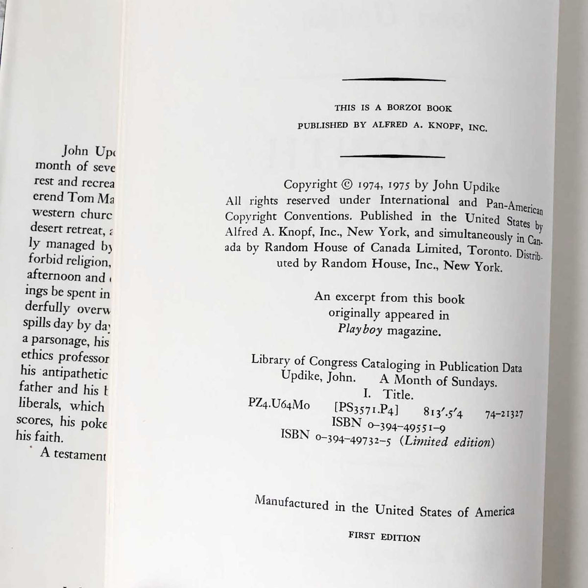A Month of Sundays by John Updike [FIRST EDITION • FIRST PRINTING] 1975 • Knopf