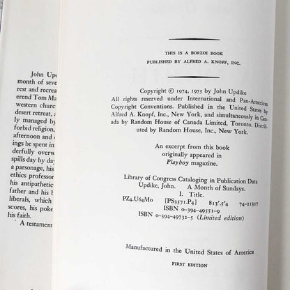 A Month of Sundays by John Updike [FIRST EDITION • FIRST PRINTING] 1975 • Knopf