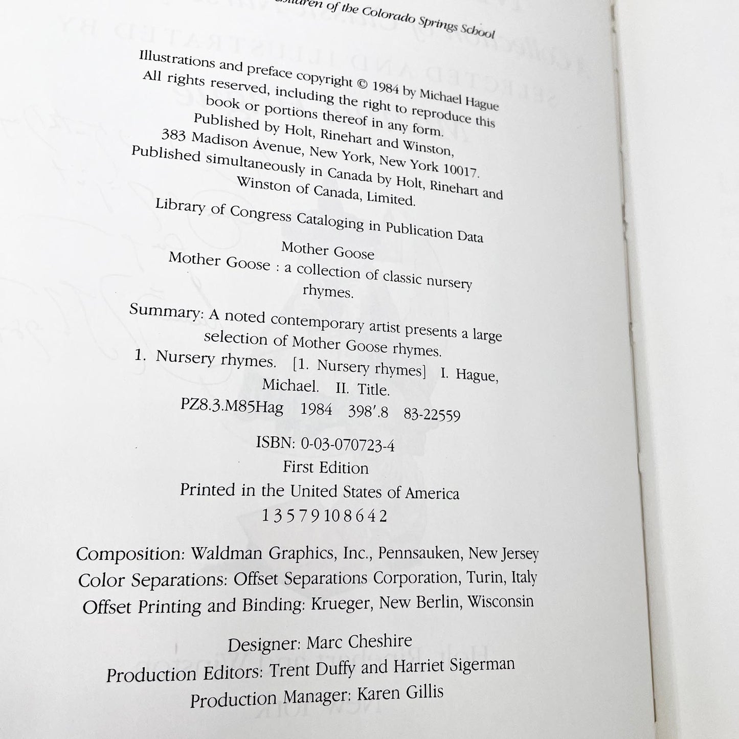 Mother Goose: A Collection of Classic Nursery Rhymes by Michael Hague SIGNED! [FIRST EDITION] 1984 • Holt Rinehart & Winston