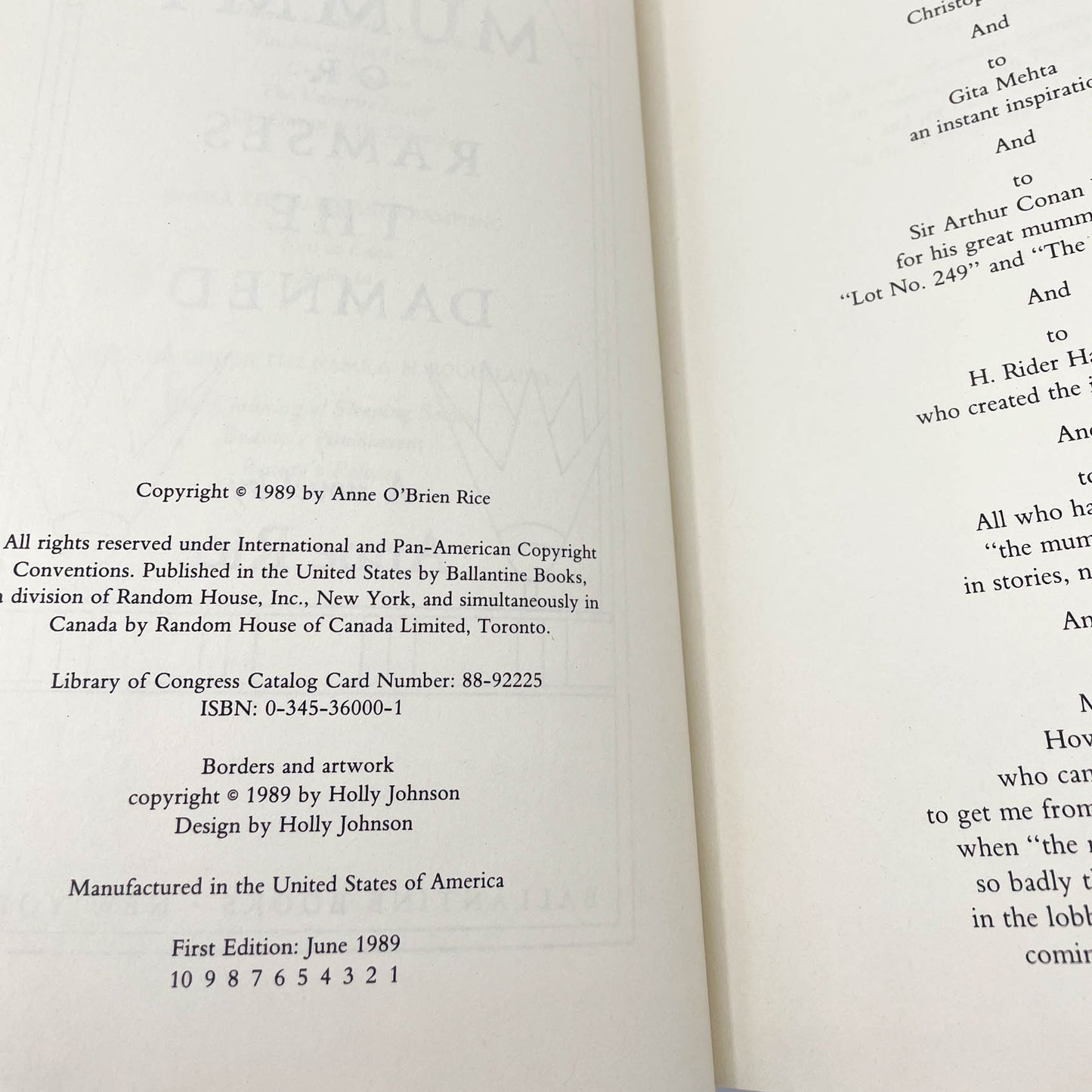 The Mummy or Ramses the Damned by Anne Rice [FIRST EDITION • FIRST PRINTING] 1989 • Ballantine