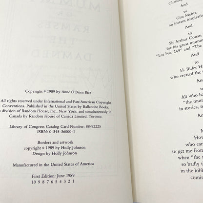 The Mummy or Ramses the Damned by Anne Rice [FIRST EDITION • FIRST PRINTING] 1989 • Ballantine