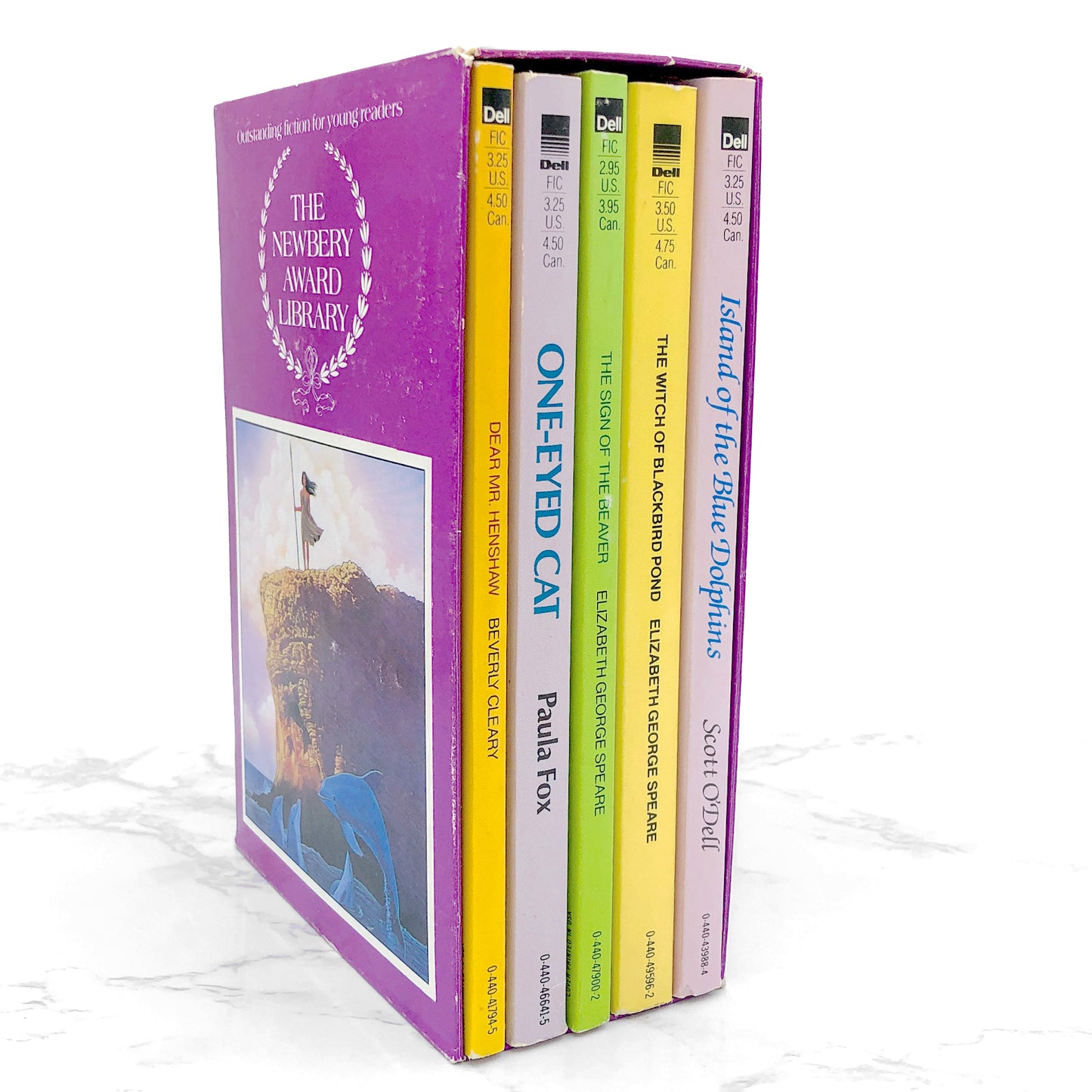 The Newbery Award Library [TRADE PAPERBACK BOX SET] 1989 • Dell [Island of the Blue Dolphins, The Witch of Blackbird Pond, The Sign of the Beaver, One-Eyed Cat & Dear Mr. Henshaw]