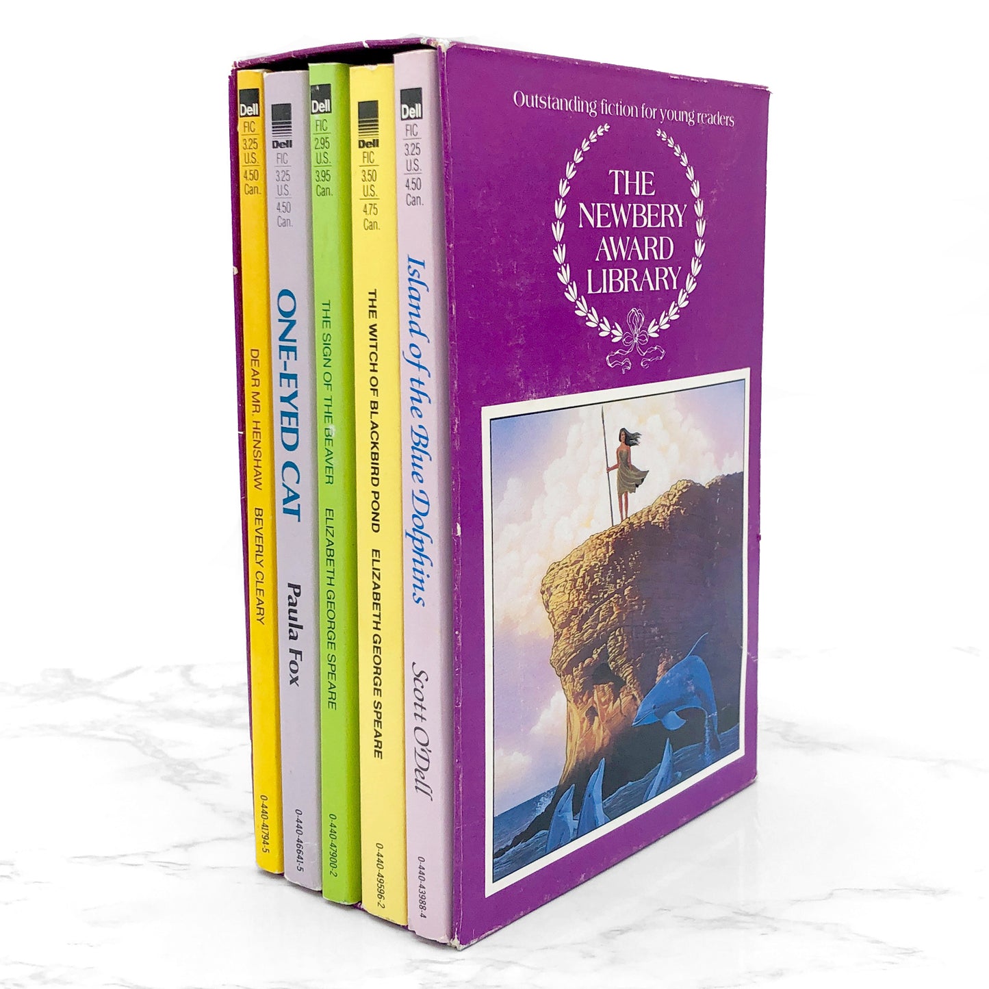 The Newbery Award Library [TRADE PAPERBACK BOX SET] 1989 • Dell [Island of the Blue Dolphins, The Witch of Blackbird Pond, The Sign of the Beaver, One-Eyed Cat & Dear Mr. Henshaw]
