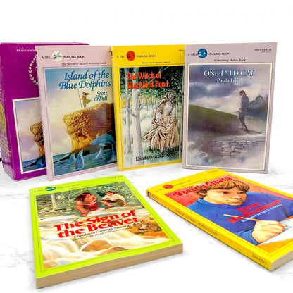 The Newbery Award Library [TRADE PAPERBACK BOX SET] 1989 • Dell [Island of the Blue Dolphins, The Witch of Blackbird Pond, The Sign of the Beaver, One-Eyed Cat & Dear Mr. Henshaw]
