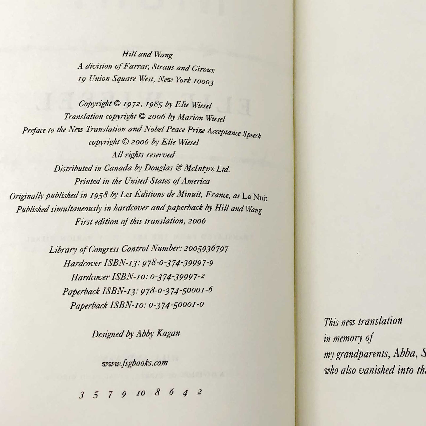 Night by Elie Wiesel [HARDCOVER RE-ISSUE] 2016 • Hill & Wang