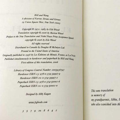 Night by Elie Wiesel [HARDCOVER RE-ISSUE] 2016 • Hill & Wang