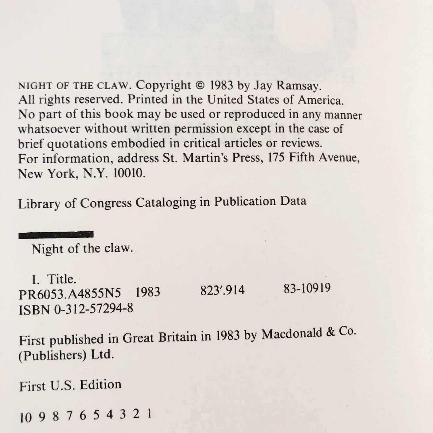 Night of the Claw by Ramsey Campbell "aka Jay Ramsay" [FIRST EDITION • FIRST PRINTING] 1983
