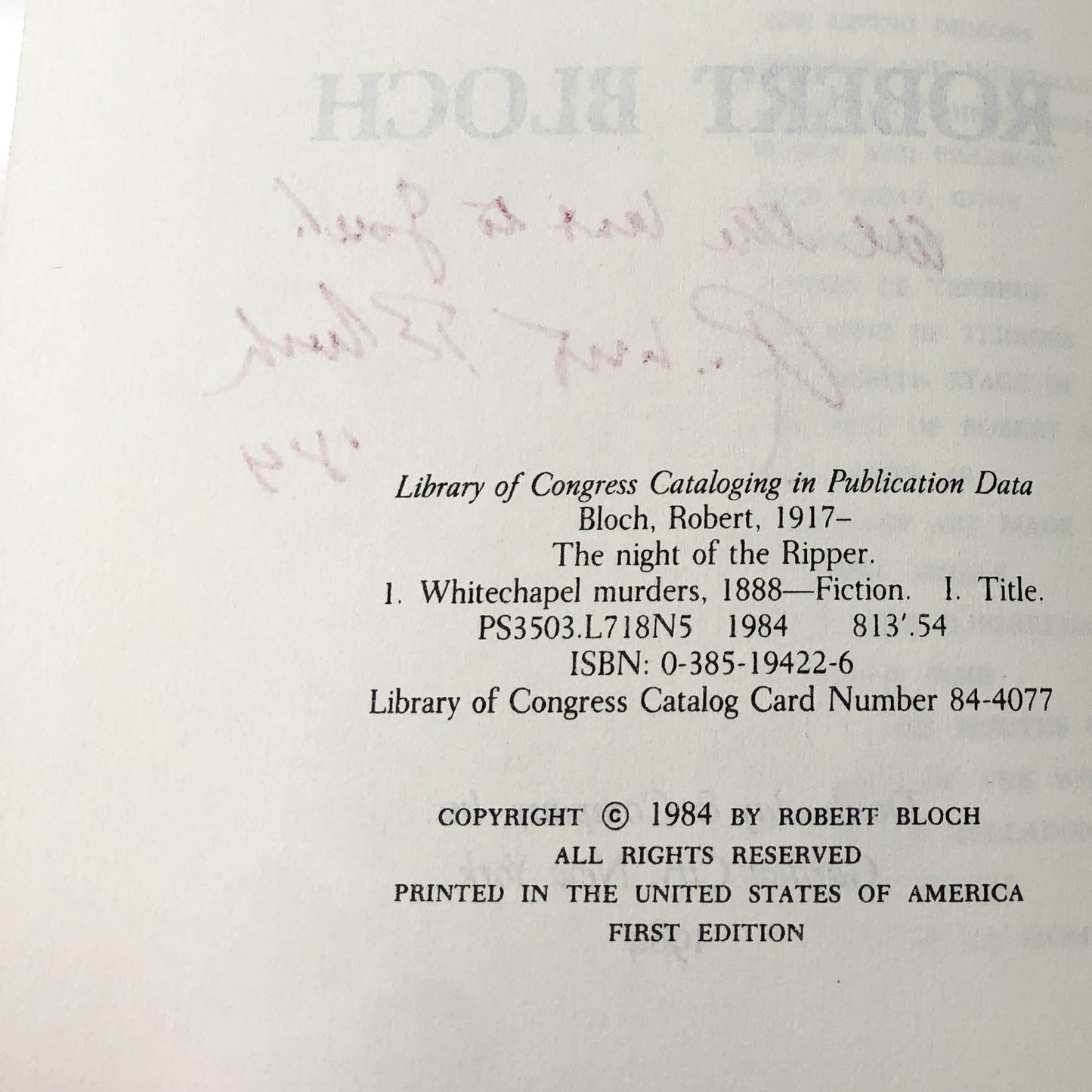 The Night of the Ripper by Robert Bloch SIGNED! [FIRST EDITION • FIRST PRINTING] 1984 • Doubleday