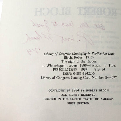 The Night of the Ripper by Robert Bloch SIGNED! [FIRST EDITION • FIRST PRINTING] 1984 • Doubleday