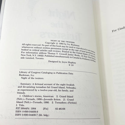 Night of the Twisters by Ivy Ruckman SIGNED! [FIRST EDITION] 1984 • Thomas Y. Crowell