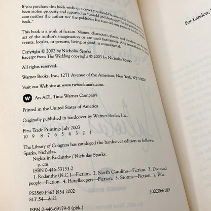 Nights in Rodanthe by Nicholas Sparks SIGNED! [FIRST PAPERBACK PRINTING] 2003