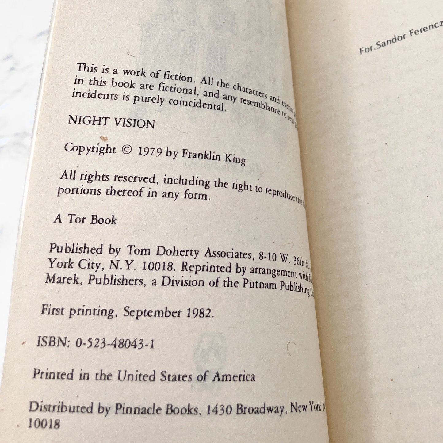 Night Vision by Frank King [FIRST U.S PAPERBACK PRINTING] 1982 • TOR Horror