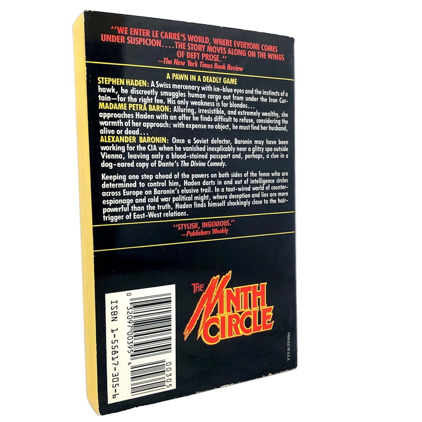 The back cover of the book 'The Ninth Circle' by Stephen Harding, featuring a black background with yellow side panels, a barcode, and the title in large red and yellow lettering.