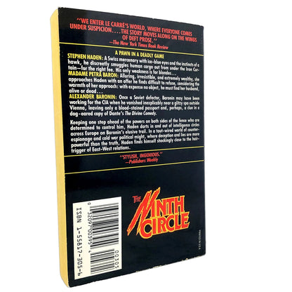 The back cover of the book 'The Ninth Circle' by Stephen Harding, featuring a black background with yellow side panels, a barcode, and the title in large red and yellow lettering.