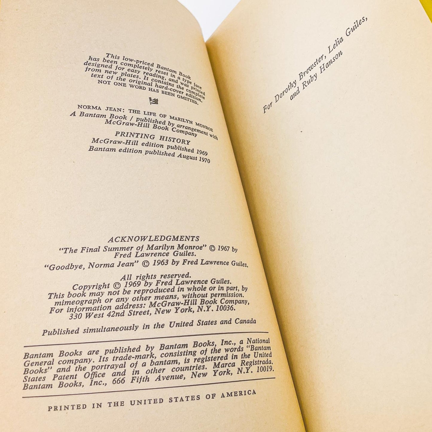 Norma Jean: The Life of Marilyn Monroe by Fred Lawrence Guiles [FIRST PAPERBACK PRINTING] 1970 • Bantam