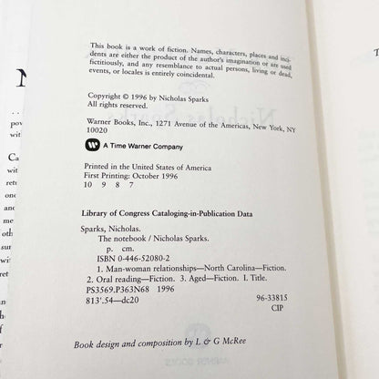 The Notebook by Nicholas Sparks [FIRST EDITION] 1996 • Warner Books